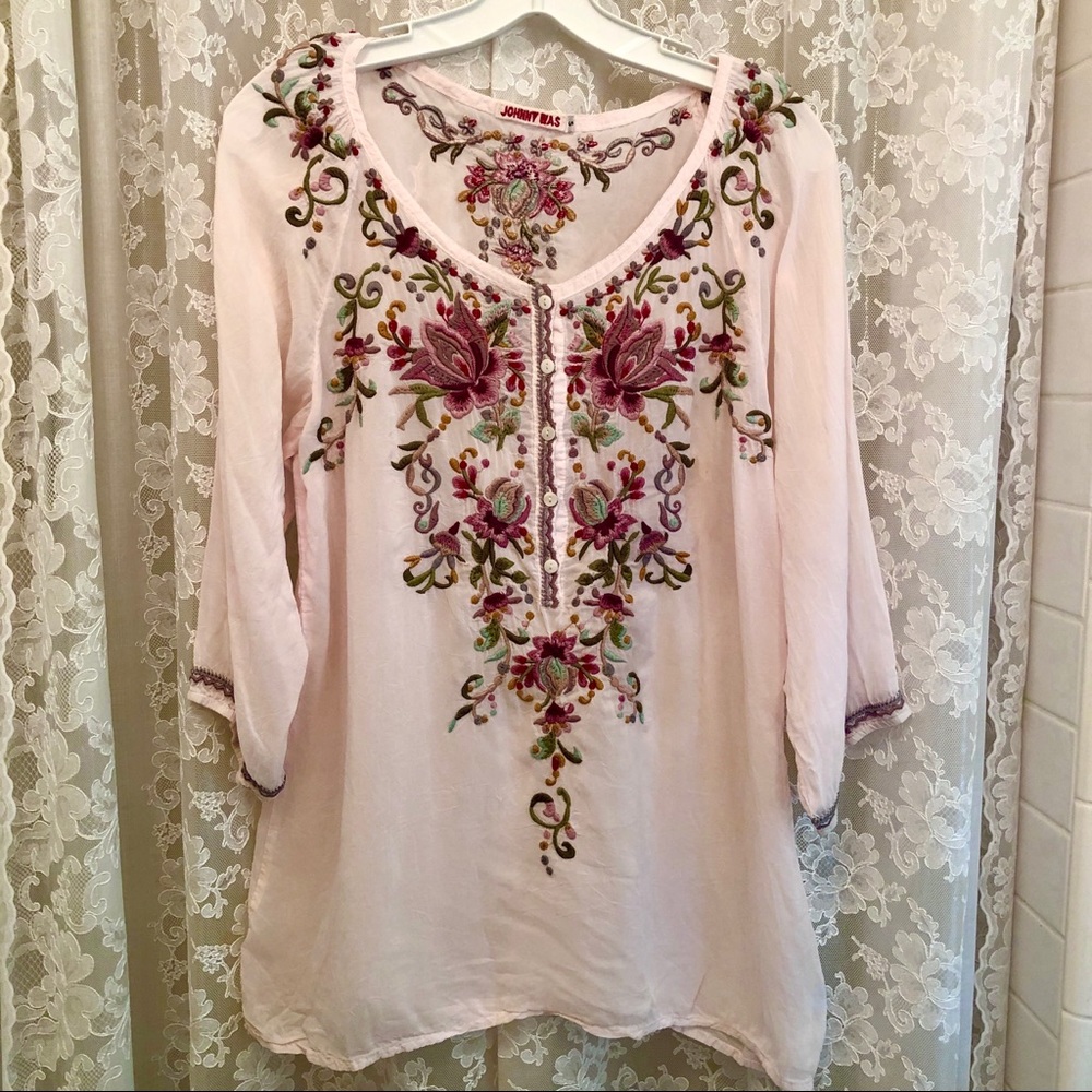 JOHNNY WAS * NWOT Shell Pink Sheer Floral Embroidered Blouse